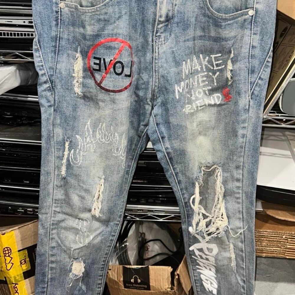 THR Graffiti Men's Blue Jeans Money Not Friends Distressed Grunge Revenge